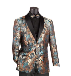 Teal Modern Fit Paisley Pattern Jacquard Fabric Jacket with Bow Tie