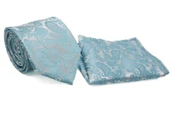 Teal White Paisley Pattern Men's Tie and Pocket Square Set