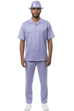 Textured Jacquard Short Sleeve Walking Suit - Lilac