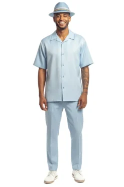 Textured Jacquard Short Sleeve Walking Suit - Sky