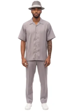 Tonal Jacquard Short Sleeve Walking Suit - Gray