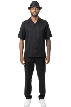 Tonal Jacquard Short Sleeve Walking Suit - Black