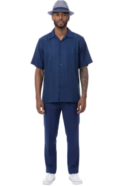 Tonal Jacquard Short Sleeve Walking Suit - Navy