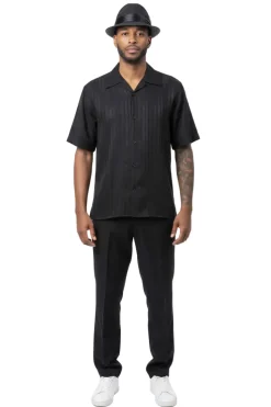 Tonal Jacquard Short Sleeve Walking Suit - Black