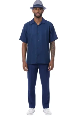 Tonal Jacquard Short Sleeve Walking Suit - Navy