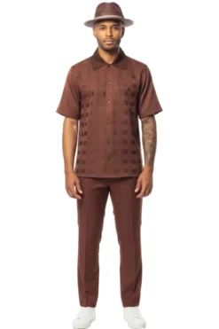 Tone-on-Tone Jacquard Short Sleeve Walking Suit - Brown