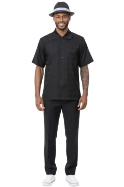 Tone-on-Tone Jacquard Short Sleeve Walking Suit - Black