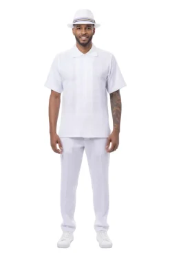 Tone-on-Tone Jacquard Short Sleeve Walking Suit - White