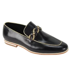 Tudor Collection - Black Leather Moc-Toe Woven Strap Dress Shoe