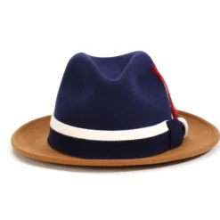Two-Tone Navy/Cappuccino Wool Felt Fedora with Band and Ribbon