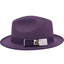 Two-Tone Ribbon Stingy Brim Pinch Braided Fedora - Purple/White