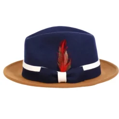 Two-Tone Navy/Cappuccino Wool Felt Fedora with Band and Ribbon