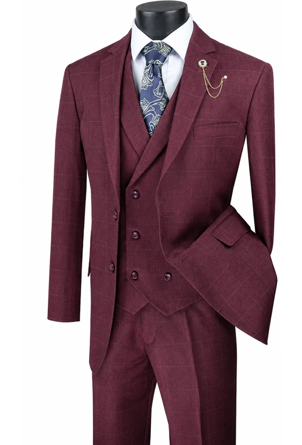 Venetian Collection - Burgundy Regular Fit Glen Plaid 2 Button 3 Piece Suit