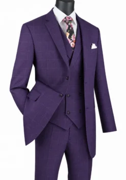 Venetian Collection - Purple Regular Fit Glen Plaid 2 Button 3 Piece Suit