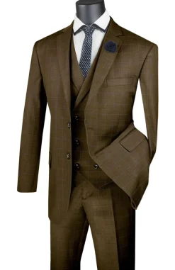 Venetian Collection - Taupe Regular Fit Glen Plaid 2 Button 3 Piece Suit