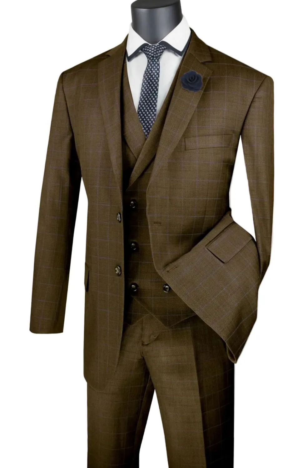 Venetian Collection - Taupe Regular Fit Glen Plaid 2 Button 3 Piece Suit