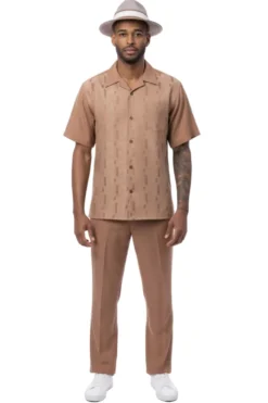 Vertical Stripe Jacquard Short Sleeve Walking Suit - Mocha