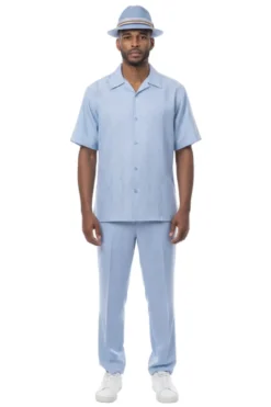 Vertical Stripe Jacquard Short Sleeve Walking Suit - Sky