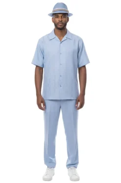 Vertical Stripe Jacquard Short Sleeve Walking Suit - Sky