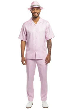 Vertical Stripe Jacquard Short Sleeve Walking Suit - Pink