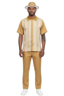 Vertical Stripe Panel Short Sleeve Walking Suit - Mustard
