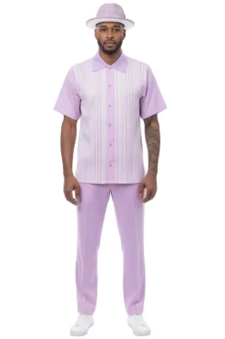 Vertical Stripe Panel Short Sleeve Walking Suit - Lavender