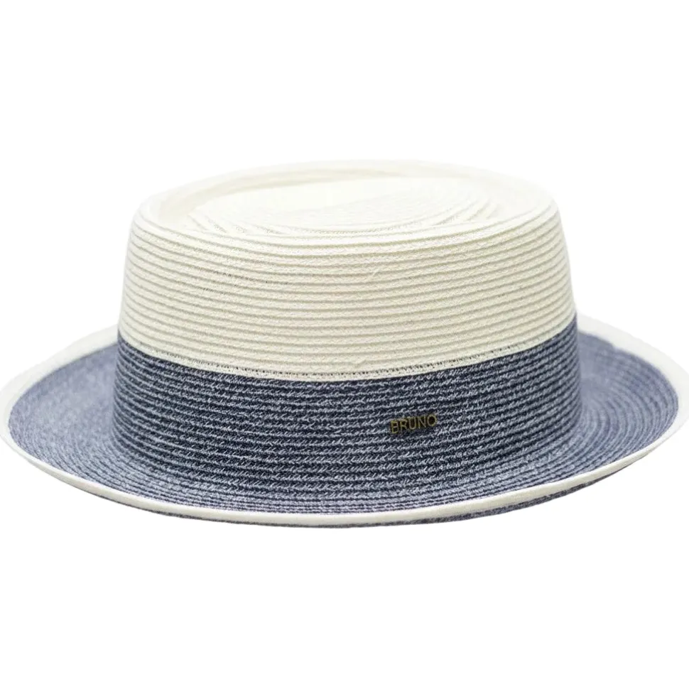 Wall Street Collection - Braided Pork Pie Fedora Hat in White/Denim Blue