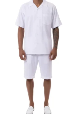 White 2 Piece Short Sleeve Walking Suit Set with Elastic Waistband Shorts