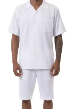 White 2 Piece Short Sleeve Walking Suit Set with Elastic Waistband Shorts