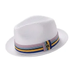 White Braided Fedora Hat with Multi-Color Striped Band