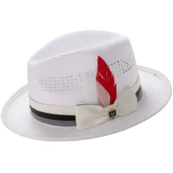 White Mesh Braided Fedora Hat with Feather Stripe Trim Ribbon Band