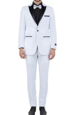 White Slim Fit 2 Piece Tuxedo With Black Satin Peak Lapel