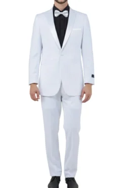 White Slim Fit 2 Piece Tuxedo With White Satin Peak Lapel