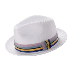 White Braided Fedora Hat with Multi-Color Striped Band