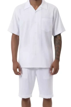 White 2 Piece Short Sleeve Walking Suit Set with Elastic Waistband Shorts