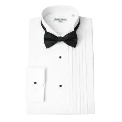 White Regular Fit Half-Inch Pleated Tuxedo Shirt with Bow Tie