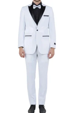 White Slim Fit 2 Piece Tuxedo With Black Satin Peak Lapel