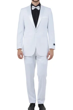 White Slim Fit 2 Piece Tuxedo With White Satin Peak Lapel