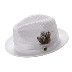 White Solid Color Pinch Braided Fedora With Matching Satin Ribbon