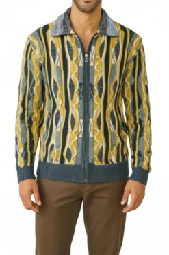 Wool Blend Full Zip Sweater - Indigo/Gold