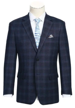 Wool Blend Regular Fit Stretch Checked Blazer in Navy