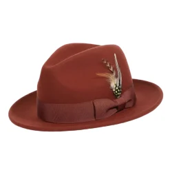 Wool Felt Fedora Pinch Front with Feather Accent in Cognac
