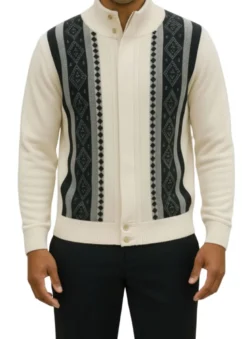(4XL) Cream Vertical Pattern Zip Sweater Jacket