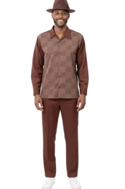 (3XL) Men’s 2 Piece Brown Check Jacquard Pattern Long Sleeve Walking Suit