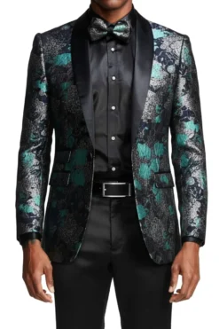 (3XL, 6XL) Slim Fit Floral Pattern Turquoise Blazer with Bow Tie