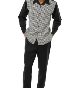 (3XL) Black Mini-Checkered 2 Piece Long Sleeve Walking Suit Set