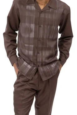 (2XL) Brown Grid Pattern Long Sleeve Walking Suit