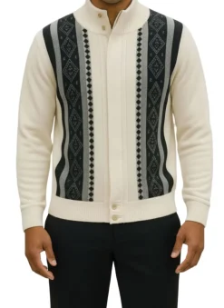 (4XL) Cream Vertical Pattern Zip Sweater Jacket