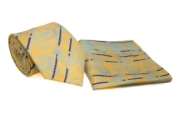 Yellow Paisley Blue Stripe Men's Tie and Pocket Square Set